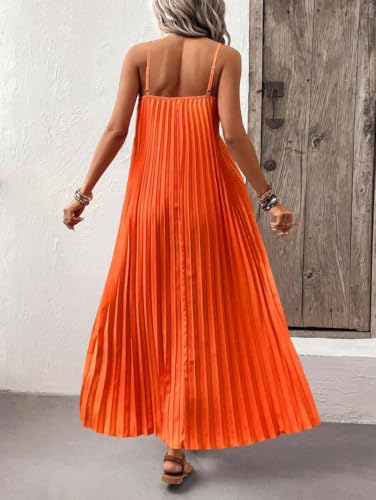 Image of Women's Summer Casual V Neck Sleeveless Strappy Pleated Flowy Loose Maxi Long Beach Dress