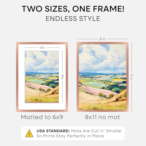 Image of Homeforia 8x11 Rose Picture Frame, High-End Metal, 6x9 Mat, Glass | High End Aluminum, Tempered Glass, Acid-Free 6x9 Removable Mat, 8x11 in Edge-to-Edge Display 11x8, Wall Kit, Set Of 1