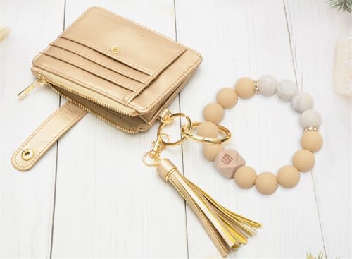 Image of COOLANS Silicone Bracelet Wristlet Wallet Credit Card Holder RFID ID Window Key Ring Tassel Slim Wallet Women Keychain Purse