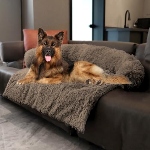 Image of Calming Dogs /Cats Bed Mats, Dog Pad Washable Removable Couch Cover, Plush Long Fur Mat for Pets, Waterproof Lining, Perfect for Small, Medium and Large Dogs and Cats (Desert Brown, 53 inchx39 inch)