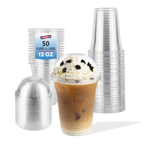 Caterserve Clear 12oz Cups with Dome Lids 50 Pack Set Great for Smoothies Iced Drinks slushies at Cafes Restaurants Events and Takeaway Service