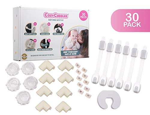 Image of Premium Baby/Toddler Proofing Kit - 6 Cabinet Locks Child Safety with Adjustable Straps - 10 Outlet Covers - 8 Corner Guards - 5 Stove Knob Covers - 1 Anti Trap Anti Pinch Door Guard