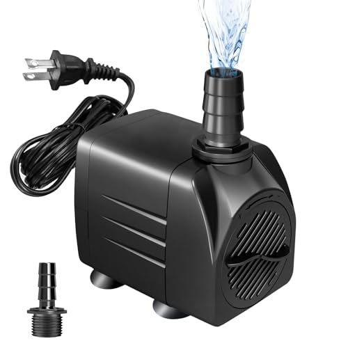 220GPH (800L/H) Submersible Pump 15W Ultra-Quiet Water Fountain Pump with Adjustable Flow 5.25ft High Lift & 3.9ft Power Cord Includes 3 Nozzles for Aquarium Pond Hydroponics Statuary