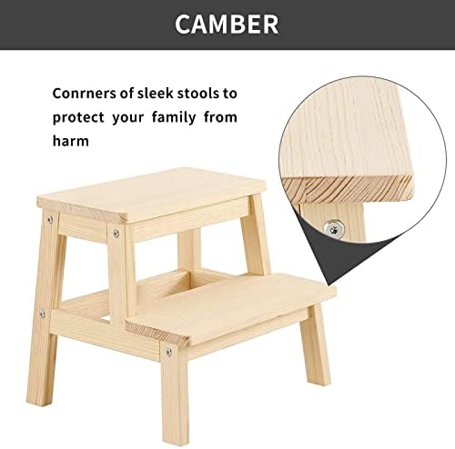 HOUCHICS 2 Steps Stool Wood Kids Stool, Multipurpose Children's Stepladder Stool for Bedroom/Bathroom/Toilet/Kitchen etc. with Safety Non-Slip Pads (Beige)