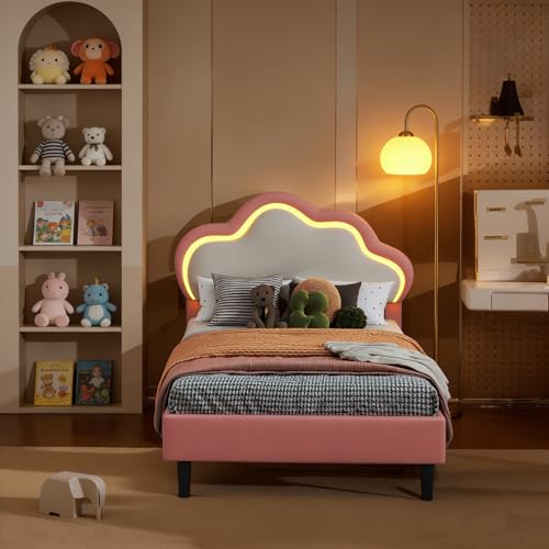 BRILVERDE Lit Enfant 90x200 cm, LIt Simple avec LED Tête de lit Réglable en Forme de Couronne, Lit Enfant Rembourré pour Fille Adolescent, Lit1 peirson avec...