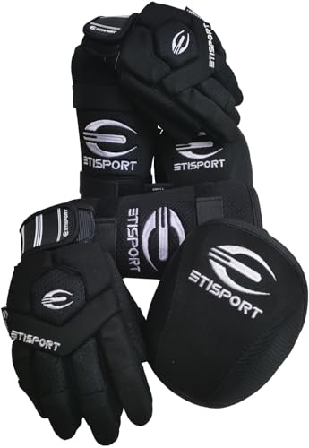 Protection Set, Gloves, Knee Pads, shin Guards for Roller Hockey for Kids ETISPORT Starter. Professional Quality; Great Comfort and Protection. (Black, S)
