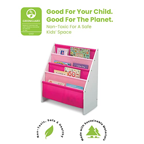 Image of Delta Children Sling Rack Bookshelf for Kids - Easy-to-Reach Storage for Magazines or Coloring Books - Ideal for Playrooms & Homeschooling - Greenguard Gold Certified, White /Pink