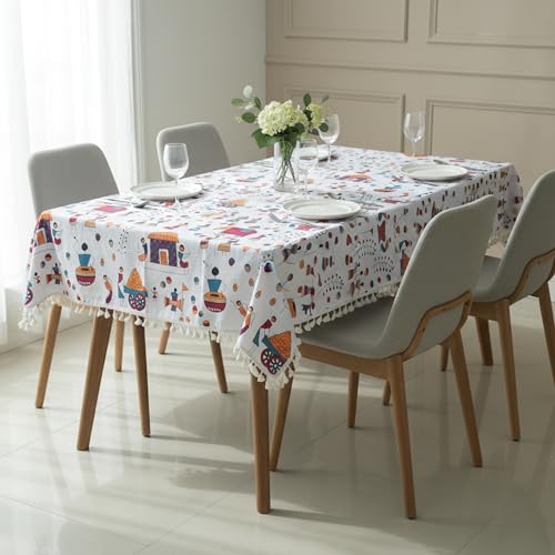 Image of LORETO - A QUALITY LINEN BRAND 100% Pure Cotton Rectangular Table Cover with Tassels (48x72 Inch) - Tablecloth for 6 Seater Dining Table, Multicolor Tribal Motifs on Crisp White