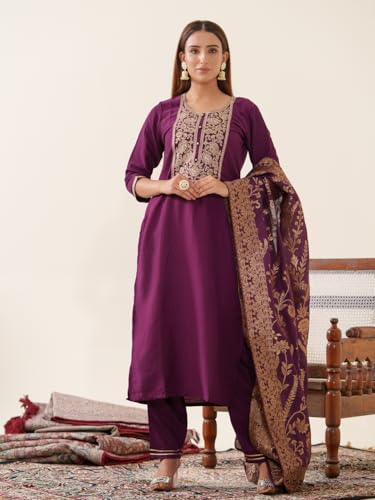Image of Kaari Women's Embroidered Kurta Set with Pant & Dupatta | Ethnic Kurta Set for Women | Straight Fit | Round Neck | Festive, Wedding, Ceremony