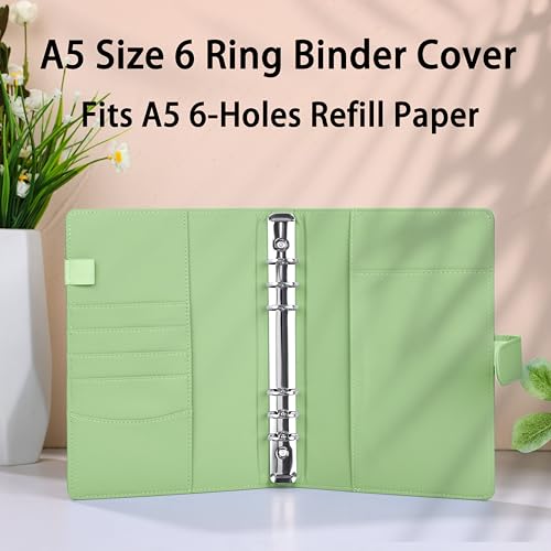 Image of Antner A5 Binder 6 Ring Refillable Notebook Planner Cover for Cash Organizer, PU Leather Loose Leaf Photocard Holder Aesthetic Small Binder for A5 Planner Inserts with Magnetic Buckle, Matcha Green