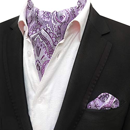 MOHSLEE Mens Purple White Floral Ascot Woven Formal Cravat Tie Pocket Square Set