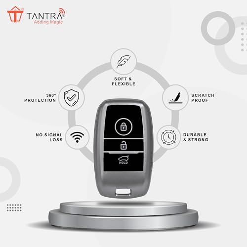 Image of SIAGO TPU Key Cover and Round Keychain Compatible for Kia Sonet | Carens | Seltos 3 Button Smart Key (Grey)