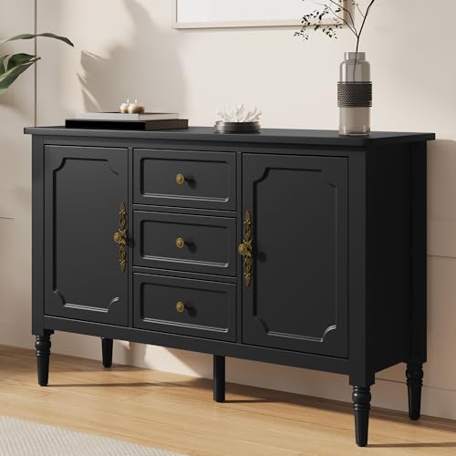 Image of FansaFurn Mid-Century Buffet Cabinet with 2 Doors & 3 Drawers, Accent Sideboard Cabinet with Adjustable Shelves & Turned Legs, Great Storage Cabinet for Living Room, Dining Room, Entryway, Black