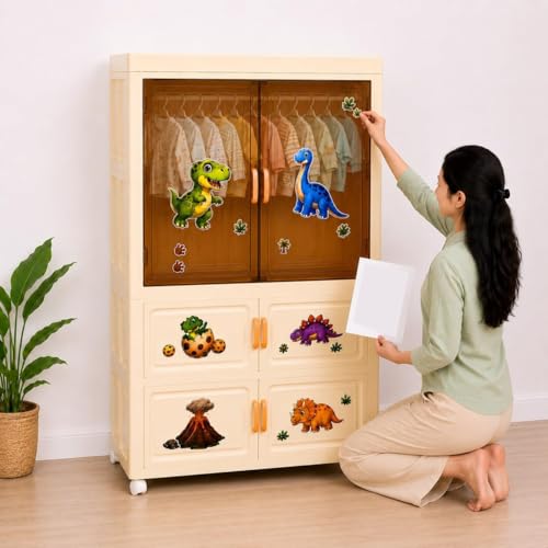 Image of TARKAN Kids Plastic Wardrobe Storage Cabinet with Wheels, DIY Dinosaur Stickers, Modular and Durable, 1 Hanging Rod + 2 Drawer Sections, 70x32x123cm