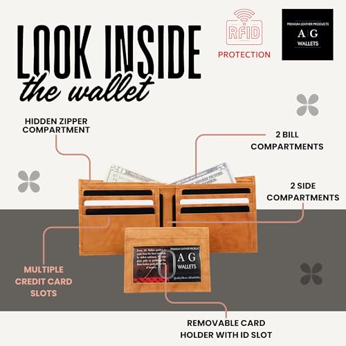 Image of AG Wallets Leather Wallet for Men - Sliding 2-in-1 Bifold Wallet with Removable Card Holder & RFID Protection - Premium Travel Wallet - Versatile & Functional Design - Tan