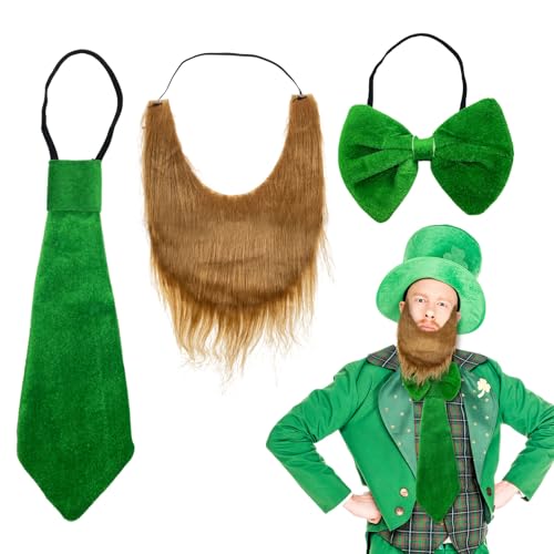 TUONYIS 3 PCS Green Dress Accessories,St. Patrick's Day Costumes Suit Decorations,Leprechaun Costume,Bow Tie Beard Costume Accessories,Retro Prop for Men Women Irish Pub Clothing Accessories (3 PCS)