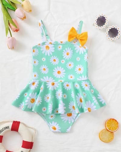 Image of Toddler Girl Swimsuit Baby Girl Bathing Suit Long Sleeve Floral Zipper One-Piece Rash Guard Swimsuit with Hat