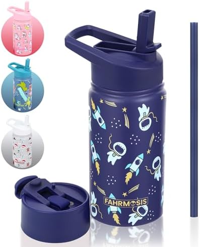 14 OZ Kids Water Bottle with Straw & 2 Lids (Flip & Spout) Leak Proof Metal Insulated Stainless Steel Reusable Tumbler for School & Sports Water Bottle - Black (Space)