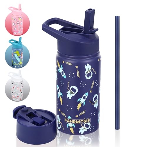 14 OZ Kids Water Bottle with Straw & 2 Lids (Flip & Spout) Leak Proof Metal Insulated Stainless Steel Reusable Tumbler for School & Sports Water Bottle - Black (Space)