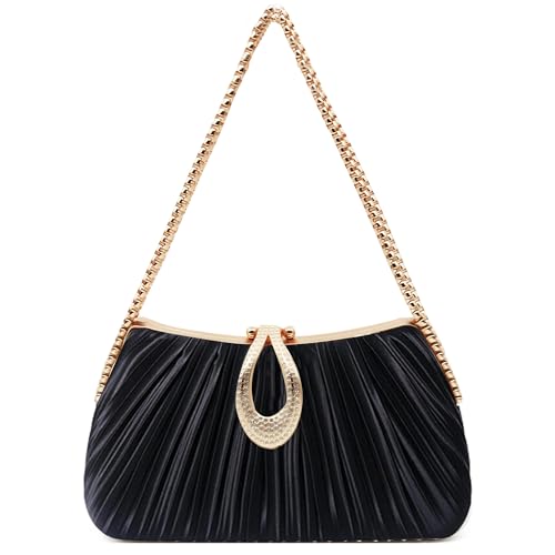 Fozehlad Bolsa clutch para noite feminina, bolsa plissada com fivela de strass e corrente removível para festa de casamento e formatura, Preto