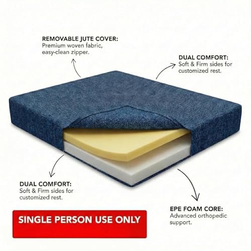 Image of C-Type Sofa Bed 3x6 Ft with Pouffe - Jute Fabric Convertible Floor Sofa Cum Bed with Wide Arm Support for Living Room & Guest Room, Office - Blue Color