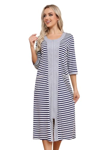 Albornoz con cremallera delantera para mujer 3/4 mangas bata larga camisones casual loose rayas loungewear con bolsillos pequeño rayas azul