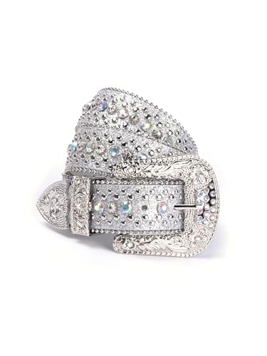 Strapvia Rhinestone Bling Gothic Belt with Crystal Diamond for Halloween - Western Cowboy/Cowgirl Belt for Jeans (Full silvery waist size 29-33)