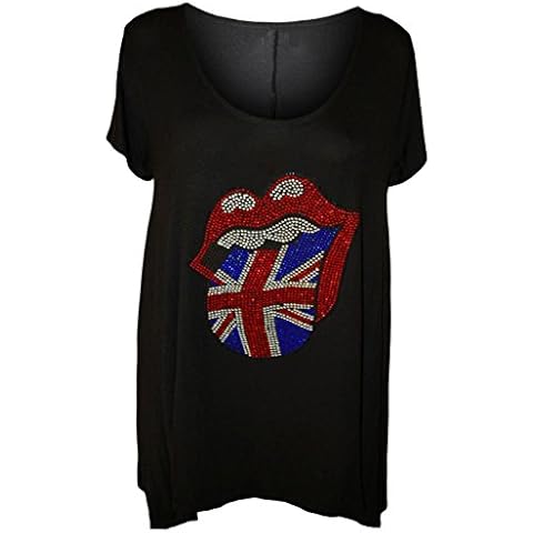 RIDDLED WITH STYLE Womens Union Jack Diamante Hanky Hem Top Dress Ladies Summer Fashion Plus Size Long Tunic Shirt Black UK 18 Cover