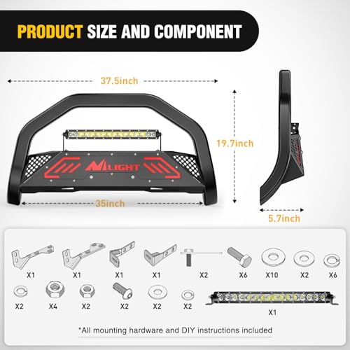 Image of Nilight Bull Bar with Light fits Dodge Ram 1500 New Body 2019-2024 (Not fit Rebel,TRX,Classic & 20-22Diesel) Front Bumper Grille Brush Push Guard with Skid Plate Licence Hole Black