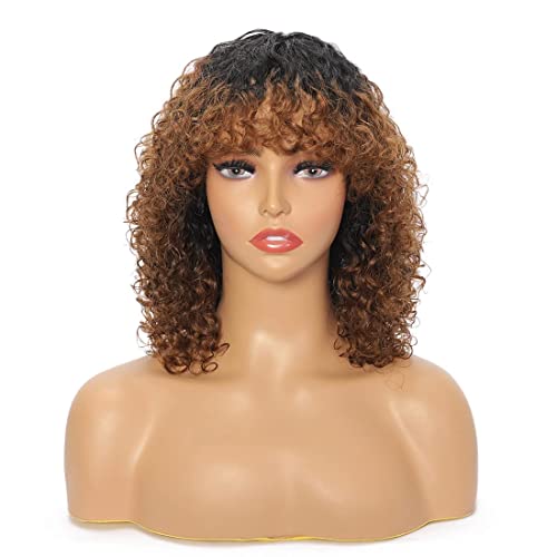 Afro Curly Bob Wigs Human Hair Ombre Brown Jerry Curly Bob Wig Human Hair With Bangs 1b/30 Kinky Curly Wigs for Black Wo