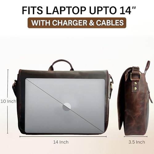 Image of Leather Messenger Bag for Men 14 inch Leather Laptop Bag Vintage Crossbody Office Satchel Travel Shoulder Bag