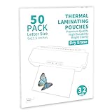 Binditek 50 Pack 3.2 Mil Dry Erase Thermal Laminating Pouches, Dry Erase Compatible, for Letter Size, Heat Seal, Clear Professional Finish, School Office Supplies