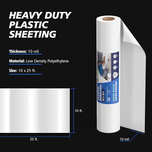 Crawl Space Vapor Barrier, 10Mil Film, 10' x 25', Drop Cloth Vapor Barrier Covering for Crawl Space Encapsulation, Thick Plastic Sheeting, Black and White Panda Film, Heavy Duty Polyethylene Film by Crawldryer - Used condition - Image 4