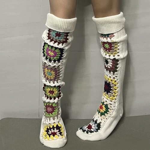 Honganda Women's Cable Knit Thigh Socks Ethnic Floral Crochet Knit Over Knee High Stockings Tube Leg Warmers Boot Socks2