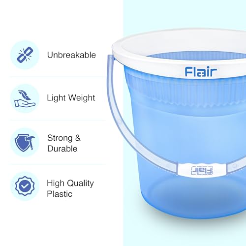Image of FLAIR Estella Crystal 8 LTR T.Blue Set of 2 I Plastic Bathroom Bucket | Strong and Durable Water Storage Bucket | Sturdy and Easy Grip Handle | Ideal for Bathing and Everyday Use