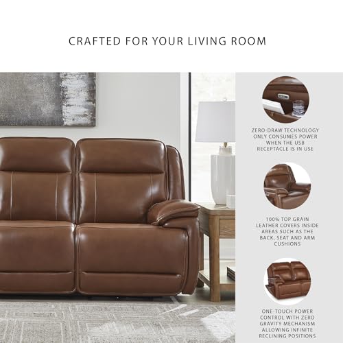 Image of Signature Design by Ashley Healy Pier Power Reclining Sofa, Zero Gravity Recliner with Adjustable Headrest, Leather and Faux Leather Upholstery, Chocolate Brown