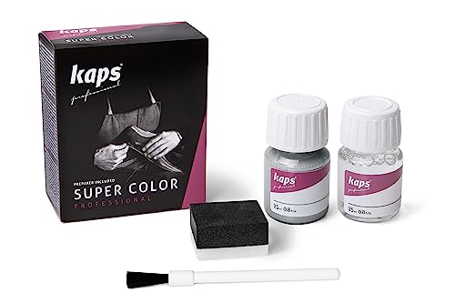 Kaps Tinta Super Color + Preparatore (25 ml ognuno), Colorante Professionale per Pelle Naturale, Tela, Ecopelle, Nutre e Ripara le Scarpe in Pelle (403 - Argento Brillante)