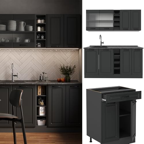 Vicco Singleküche R-Line, Anthrazit Landhaus/Anthrazit, 160 cm, AP Anthrazit