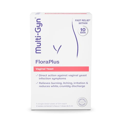 Multi-Gyn FloraPlus - Treats Symptoms of Thrush Burning itching and Irritation - Fast Relief in 10 Minutes with prebiotics and lactic Acid Clinically Proven - 5 Single dose Tubes