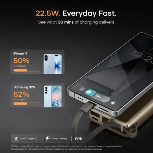 Image of Noise Power Bank 10000mAh: Built-in Type-C Cable, 22.5W Fast Charging, 120g Ultra-Compact, LED Display for Battery%, Premium Metallic Finish, Triple Device Charging, BIS Certified (Green)