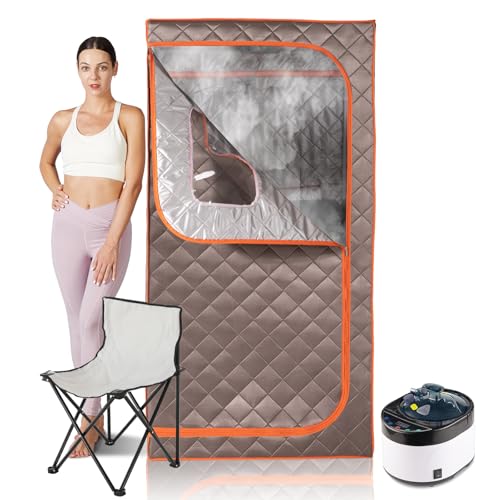 Image of Portable Steam Sauna, Full Size Personal Sauna for Home, with 4L & 1500W Steam Generator, Remote Control, Timer (Single Steam 4L Steamer Set - Dark Grey Orange Rim, 33.85 inch x 33.85 inch x 65.74 inch)