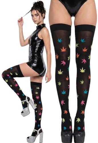 Image of ToBeInStyle Women's Crew Calf Fun Socks Marijuana Weed Leaf Print Novelty Statement Hosiery