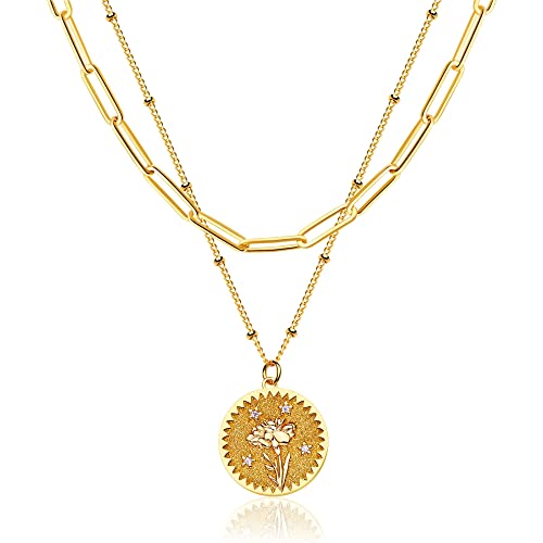 GDCOIN Layered Birth Flower Necklace for Women 18K Gold Plat