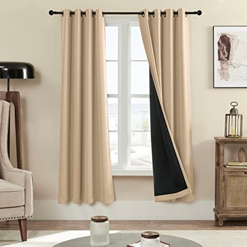 Rutterllow 100% Blackout Curtains 2 Panels, Full Shade 72 Inches Long Complete Drapes for Living Room, Gray Thermal Insulated Bedroom Window Treatment Drapes (Khaki, 52×72 inch)
