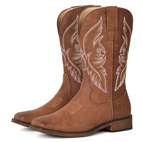 Image of IUV Cowboy Boots For Women Square Toe Western Boots Mid Calf Cowgirl Boot Pull On Embroidered Brown Boot