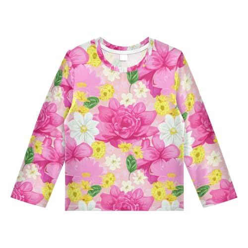 Rose Floral Pink Yellow Boy's Rash Guard Swim Shirt Long Sleeve Sun Shirt for Kids Toddlers UPF50+ 4T
