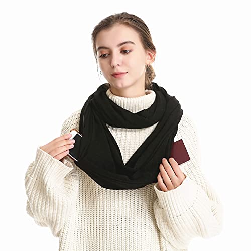 Infinity Scarf With 2 Zipper Pocket Soft Circle Loop Travel Scarves Hidden Secret Security Zip Pockets for Women Girls Ladies Warm Winter Gift Plain Solid Black