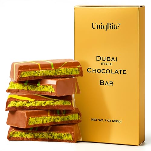 UniqBite Dubai Chocolate Bar Pistachio, 7 oz (200gr), Crunchy Loaded Knafeh Chocolate Bar with Pistachio Cream and Kataifi