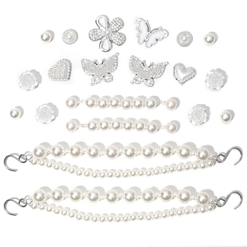 CIKKITZ Bling Shoe Chain for Women, 20Pcs Pearl Shoe Charms Accessories for Girls Clog Sandals, DIY Butterfly, Love, Flower Shoe Decoration Charms for Party Favor, Ideal Gift