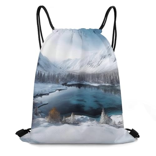 Drawstring Backpack Sport Gym Winter Mountains Snow Scene Sackpack Bag With Side Pocket Resistant Sackpack for Women Men